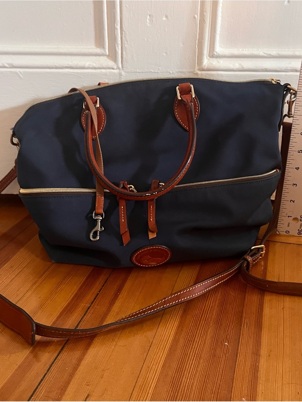 Dooney & Bourke Navy Blue Satchel with Brown Leather Trim